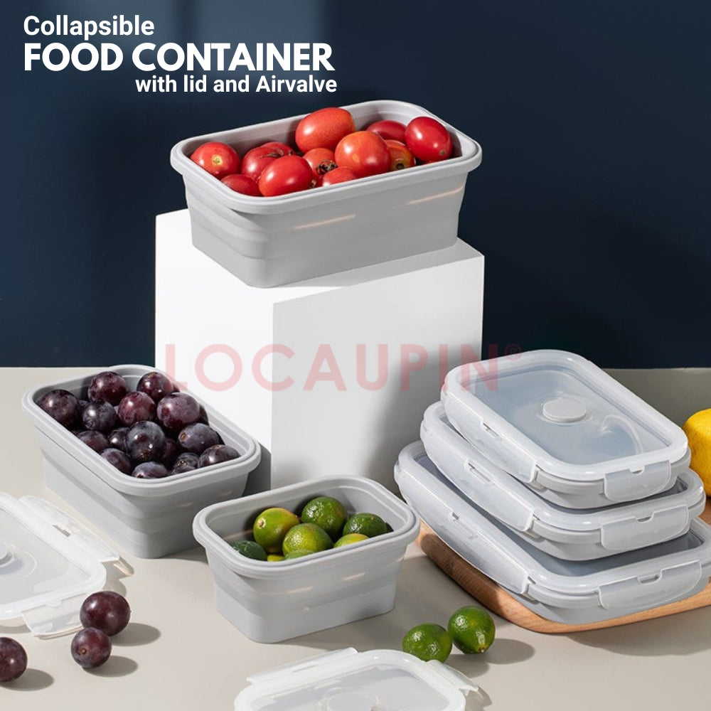 LOCAUPIN Foldable Sealed Silicone Food Storage Container Lunch Box with Lid and Air Valve Collapsible Kitchen Storage