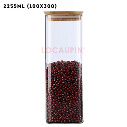 Locaupin Square Borosilicate Glass Canister with Bamboo Lid Airtight Food Jar Storage Transparent Kitchen Pantry Sealed Container