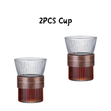 Load image into Gallery viewer, Locaupin Borosilicate Glass Cup Modern Striped Pattern Design with Detachable Wooden Ring Heat-Cold Resistant Drinking Cup
