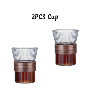 Locaupin Borosilicate Glass Cup Modern Striped Pattern Design with Detachable Wooden Ring Heat-Cold Resistant Drinking Cup