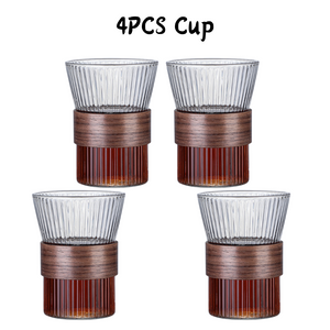 Locaupin Borosilicate Glass Cup Modern Striped Pattern Design with Detachable Wooden Ring Heat-Cold Resistant Drinking Cup