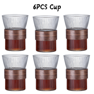 Locaupin Borosilicate Glass Cup Modern Striped Pattern Design with Detachable Wooden Ring Heat-Cold Resistant Drinking Cup