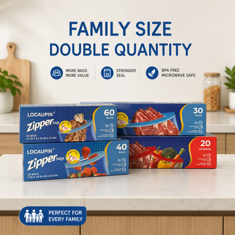 LOCAUPIN Zipper Bags Value Pack Microwave Safe Leakproof Food Storage Freezer Bags with Double Seal & Labeling Area