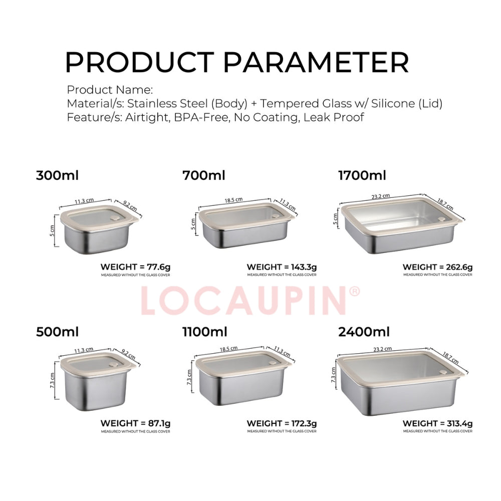 LOCAUPIN 304 Stainless Steel Food Container with Tempered Glass Lid Fresh Keeping Box Food Trays Food Storage Dispenser