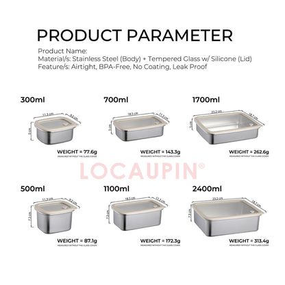 LOCAUPIN 304 Stainless Steel Food Container with Tempered Glass Lid Fresh Keeping Box Food Trays Food Storage Dispenser