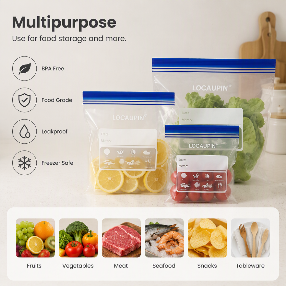 LOCAUPIN Zipper Bags Value Pack Microwave Safe Leakproof Food Storage Freezer Bags with Double Seal & Labeling Area