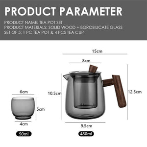 LOCAUPIN Borosilicate Glass Wooden Grip Handle Teapot with 4 Cups Set Removable Infuser Water Kettle