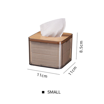 Locaupin Minimalist Clear Tissue Box Dispenser with Bamboo Lid Facial Dryer Sheet Organizer Bathroom Countertop Napkin Holder