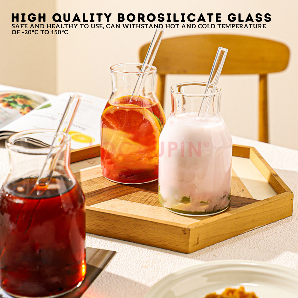 Locaupin 2 Pieces Borosilicate Glass Smooth Bottle Cup with 2 Straw and 1 Brush Simple Large Capacity Mug for Hot and Cold Drinks