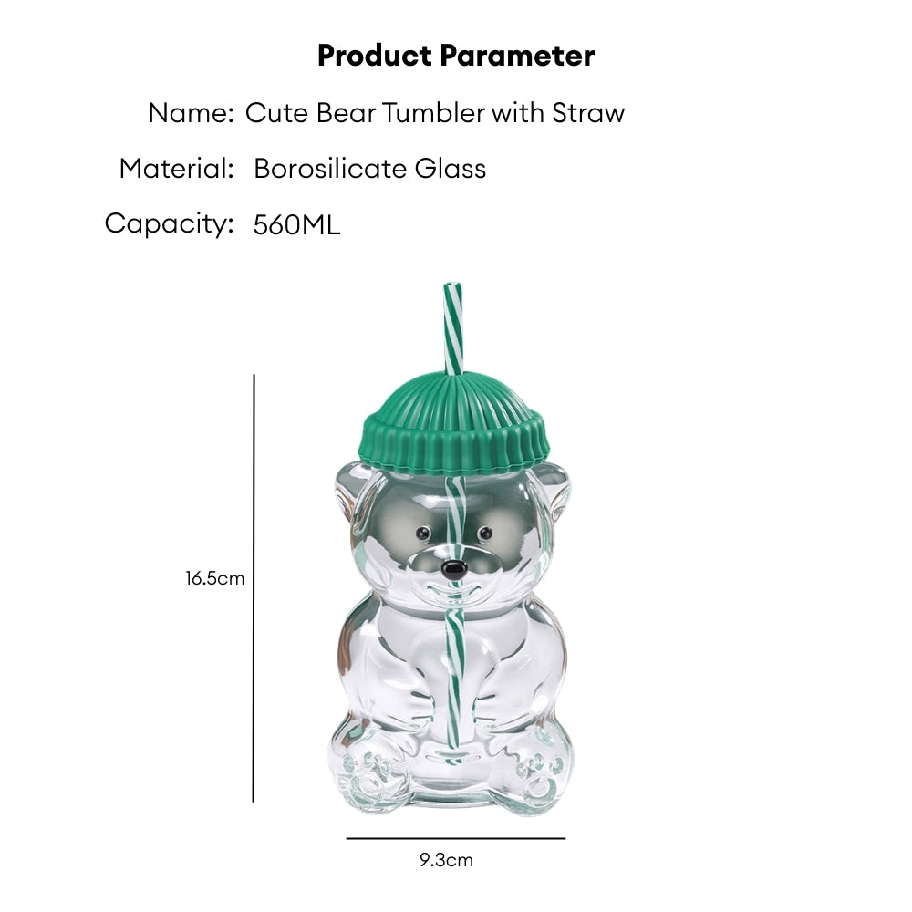 560ML Borosilicate Glass Cute Bear Tumbler with Straw & Silicone Lid Water Bottle Portable Drink Cup for Juice