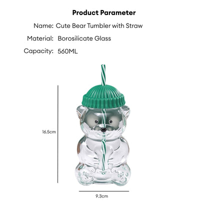 560ML Borosilicate Glass Cute Bear Tumbler with Straw & Silicone Lid Water Bottle Portable Drink Cup for Juice