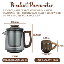 Load image into Gallery viewer, LOCAUPIN Borosilicate Glass Teapot with 4pcs Cup Set Wooden Handle Kettle Removable Leaf Infuser
