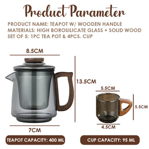 LOCAUPIN Borosilicate Glass Teapot with 4pcs Cup Set Wooden Handle Kettle Removable Leaf Infuser