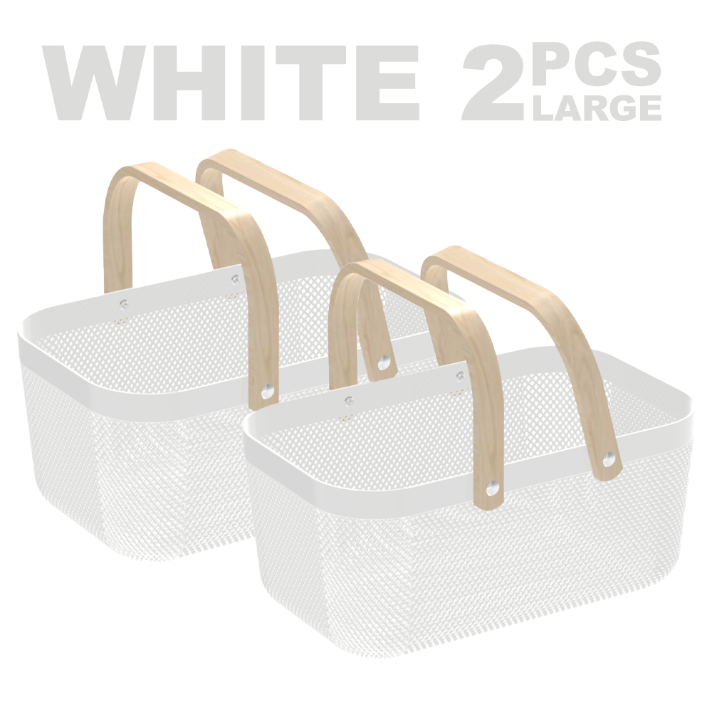 Locaupin Set of Plastic Mesh Basket with Wooden Handle Cosmetic Organizer Kitchen Fruit Vegetable Storage Multifunctional Salon Spa Shopping Bin