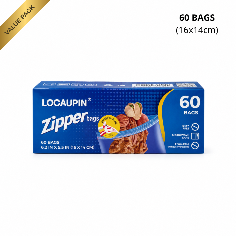 LOCAUPIN Zipper Bags Value Pack Microwave Safe Leakproof Food Storage Freezer Bags with Double Seal & Labeling Area