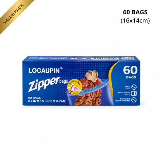 LOCAUPIN Zipper Bags Value Pack Microwave Safe Leakproof Food Storage Freezer Bags with Double Seal & Labeling Area