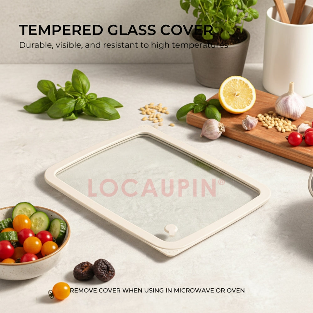 LOCAUPIN 304 Stainless Steel Food Container with Tempered Glass Lid Fresh Keeping Box Food Trays Food Storage Dispenser