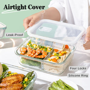 LOCAUPIN Lunch Box Glass Container with Divider Microwavable Oven Safe Air Vent Cover Food Storage