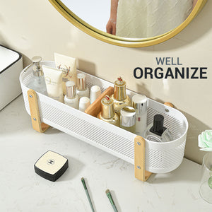 Locaupin Shelf Organizer Mesh Basket Organizer with Wooden Stand Multifunctional Desktop Storage Cosmetic Holder