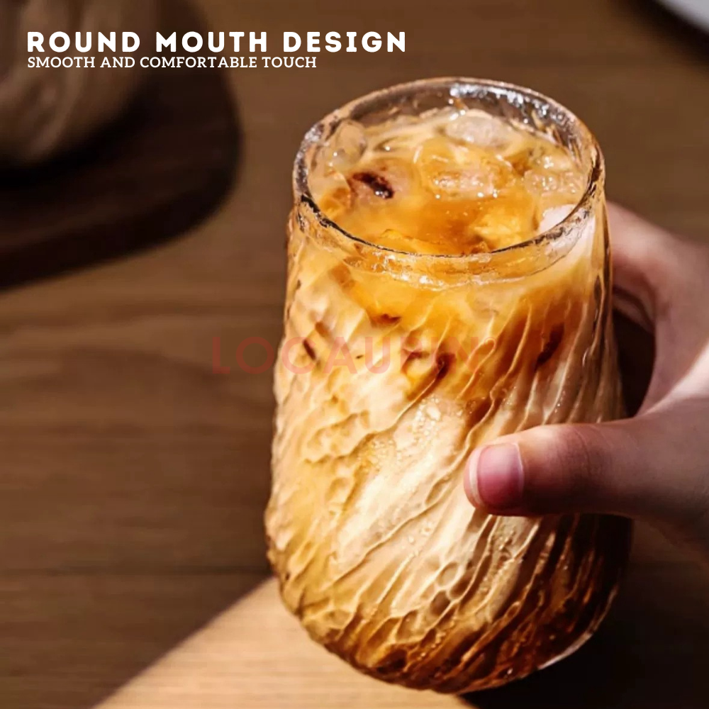 Locaupin 2 Pieces Borosilicate Glass Twisted Drinking Cup with 2 Straw and 1 Brush Textured Glassware Hot and Cold Resistant Mug