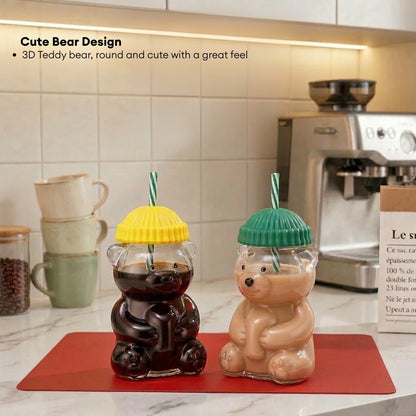 560ML Borosilicate Glass Cute Bear Tumbler with Straw & Silicone Lid Water Bottle Portable Drink Cup for Juice