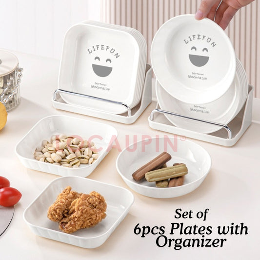 LOCAUPIN 6pcs Plates Set with Plates Storage Organizer Kitchenware Dish Rack Round Square Plastic Plate Dinnerware Set