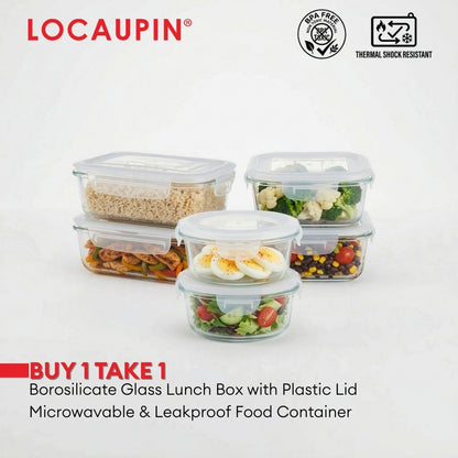 LOCAUPIN B1T1 2-Pack Airtight Borosilicate Glass Food Containers with Silicone Lid Microwave Safe Leakproof Lunch Box
