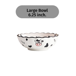 Locaupin Cute Cow Design Porcelain Dinnerware Dumpling Plate Soup Noodle Bowl Appetizer Snack Saucer Serving Dish Pot