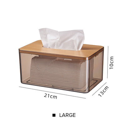 Locaupin Minimalist Clear Tissue Box Dispenser with Bamboo Lid Facial Dryer Sheet Organizer Bathroom Countertop Napkin Holder