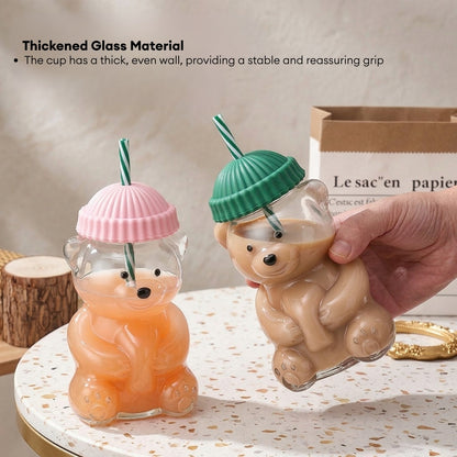 560ML Borosilicate Glass Cute Bear Tumbler with Straw & Silicone Lid Water Bottle Portable Drink Cup for Juice