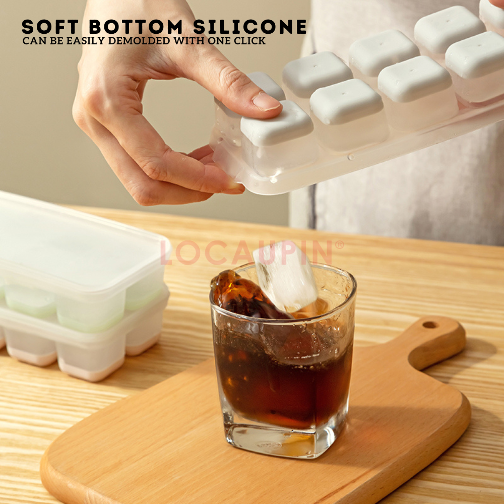Locaupin 2 Pieces Set Mini Ice Cube Tray with Lid and Soft Bottom Silicone for Easy Demolding Stackable Compact 10 Grids Molder