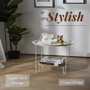 LOCAUPIN Round Metal Side Table Anti Slip Aesthetic Home Decor Nightstand 2 Tier Under Shelf Storage