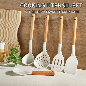 Locaupin SET Silicone Cooking Utensil Non Stick Heat Resistant Kitchen Tools with Wooden Handle Food Grade High Quality Cookware