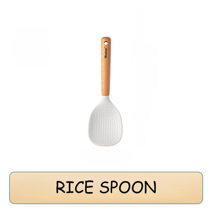 Locaupin High Quality Food Grade Silicone Cooking Utensils Kitchenware Spoon Ladle Turner With Wooden Handle Non Stick Cookware