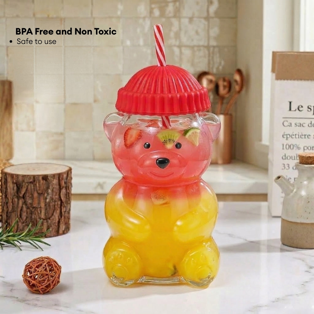560ML Borosilicate Glass Cute Bear Tumbler with Straw & Silicone Lid Water Bottle Portable Drink Cup for Juice