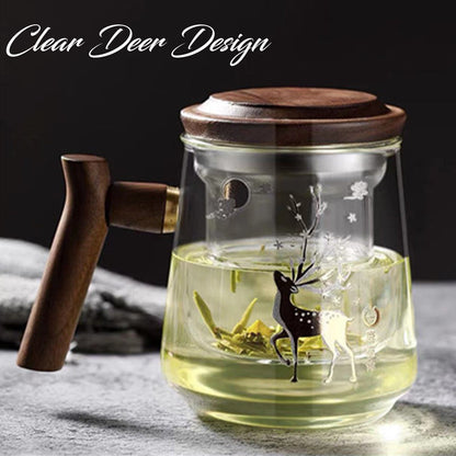 LOCAUPIN Borosilicate Glass Teapot Removable Infuser Cup Printed Design Wooden Handle Herbal Kettle