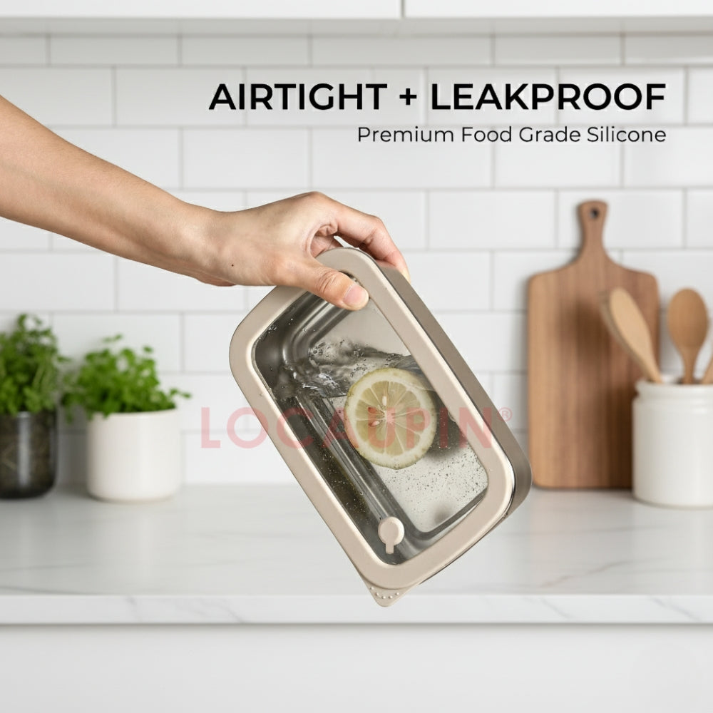 LOCAUPIN 304 Stainless Steel Food Container with Tempered Glass Lid Fresh Keeping Box Food Trays Food Storage Dispenser