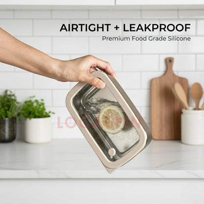 LOCAUPIN 304 Stainless Steel Food Container with Tempered Glass Lid Fresh Keeping Box Food Trays Food Storage Dispenser