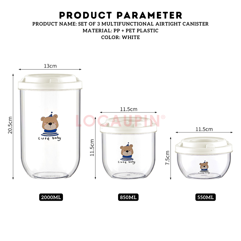 Locaupin Set of 3 Multifunctional Airtight Canister Stackable Food Storage Kitchen Pantry Moisture-Proof Fresh Keeping Containers