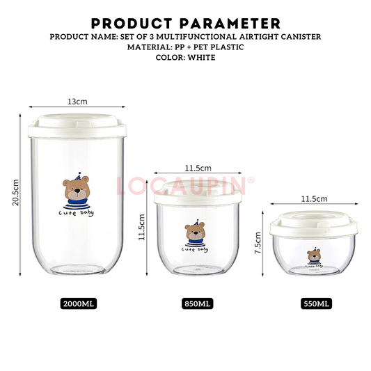 Locaupin Set of 3 Multifunctional Airtight Canister Stackable Food Storage Kitchen Pantry Moisture-Proof Fresh Keeping Containers