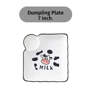 Locaupin Cute Cow Design Porcelain Dinnerware Dumpling Plate Soup Noodle Bowl Appetizer Snack Saucer Serving Dish Pot