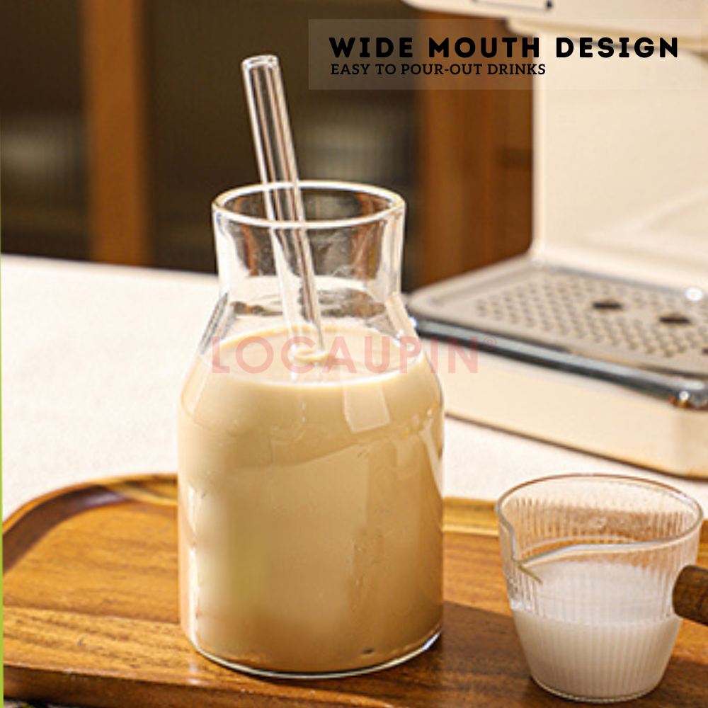 Locaupin 2 Pieces Borosilicate Glass Smooth Bottle Cup with 2 Straw and 1 Brush Simple Large Capacity Mug for Hot and Cold Drinks