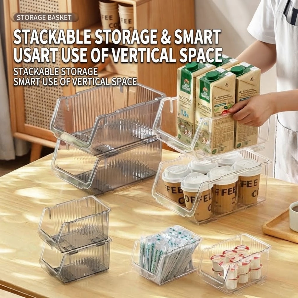 LOCAUPIN Multi-Purpose Stackable Storage Basket  Space-Saving Kitchen Pantry Storage Rack Premium PET Clear Organizer