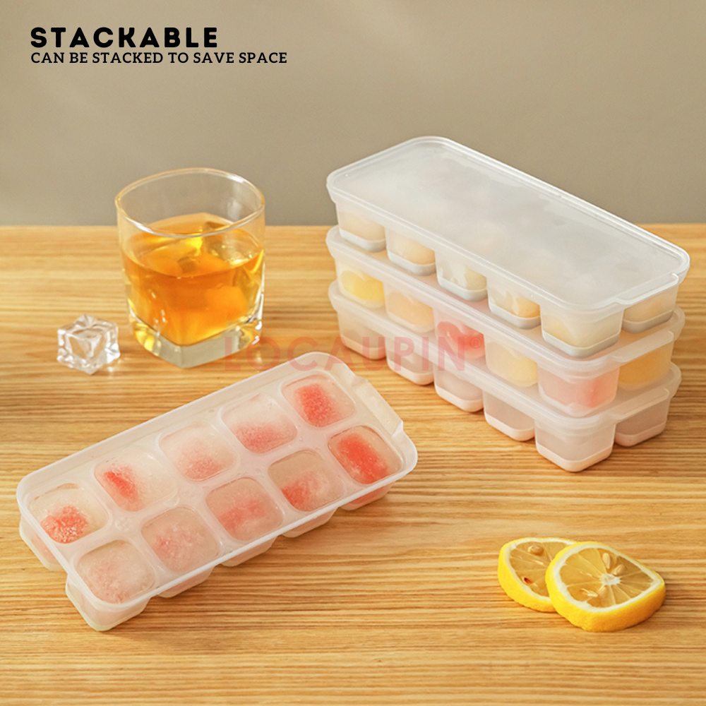 Locaupin 2 Pieces Set Mini Ice Cube Tray with Lid and Soft Bottom Silicone for Easy Demolding Stackable Compact 10 Grids Molder