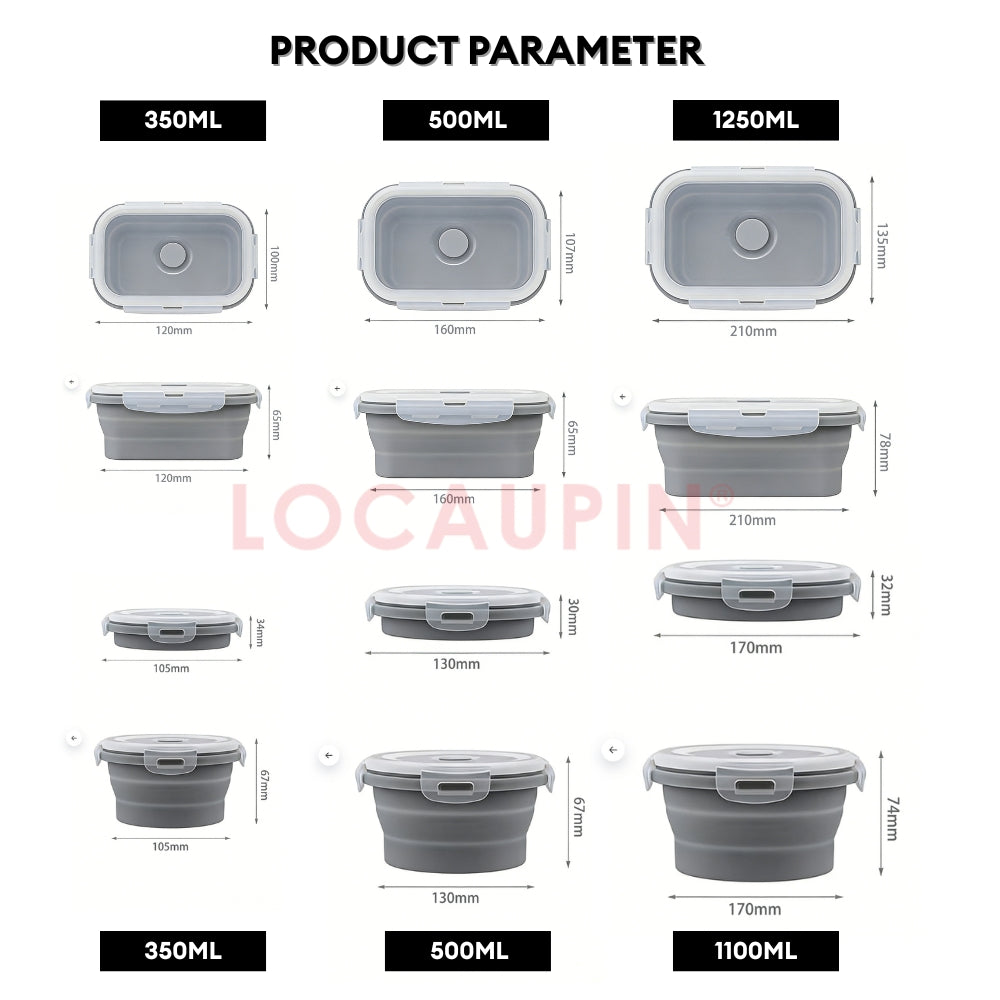 LOCAUPIN Foldable Sealed Silicone Food Storage Container Lunch Box with Lid and Air Valve Collapsible Kitchen Storage