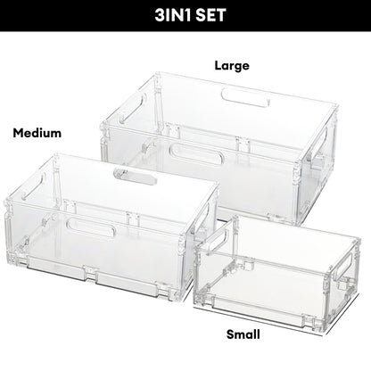 Locaupin Transparent Collapsible Storage Box Multipurpose Large Capacity Stackable Organizer with Handle Space Saver Bins