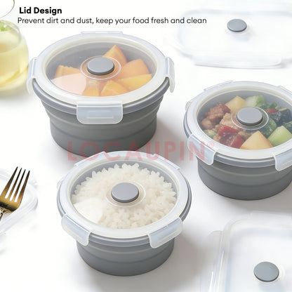 LOCAUPIN Foldable Sealed Silicone Food Storage Container Lunch Box with Lid and Air Valve Collapsible Kitchen Storage