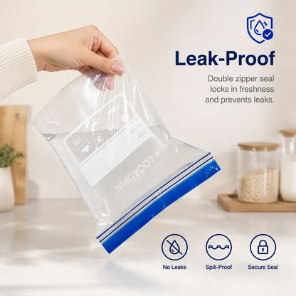 LOCAUPIN Zipper Bags Value Pack Microwave Safe Leakproof Food Storage Freezer Bags with Double Seal & Labeling Area