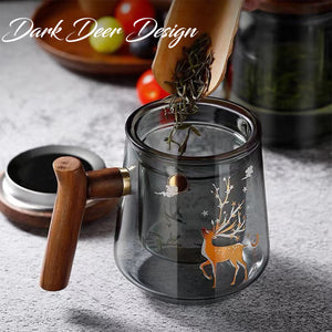LOCAUPIN Borosilicate Glass Teapot Removable Infuser Cup Printed Design Wooden Handle Herbal Kettle