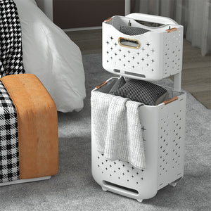 Locaupin Double Layer Removable Storage Basket Foldable Rolling Laundry Hamper with Wheels Dirty Clothes Organizer
